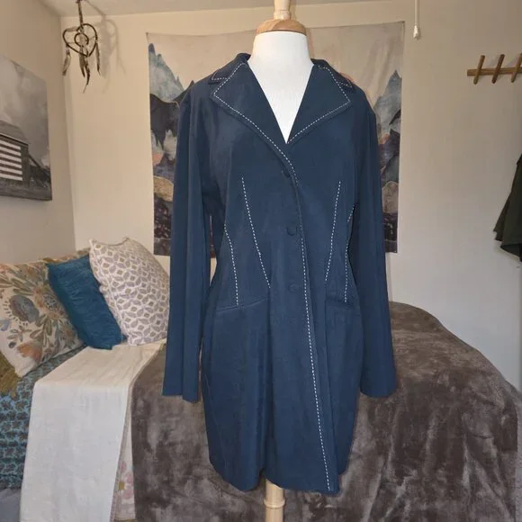 Sheri Martin New York Faux Suede Jacket Dark Green Size 14 Topstitch Blazer - Picture 2 of 16